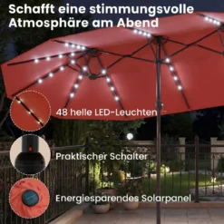 470 cm Großer Doppel-Terrassenschirm mit 48 Solar-LED-Lichtern & Basis Außenschirm