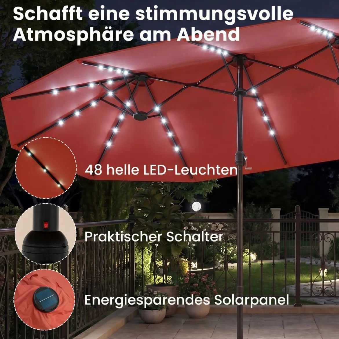 470 cm Großer Doppel-Terrassenschirm mit 48 Solar-LED-Lichtern & Basis Außenschirm