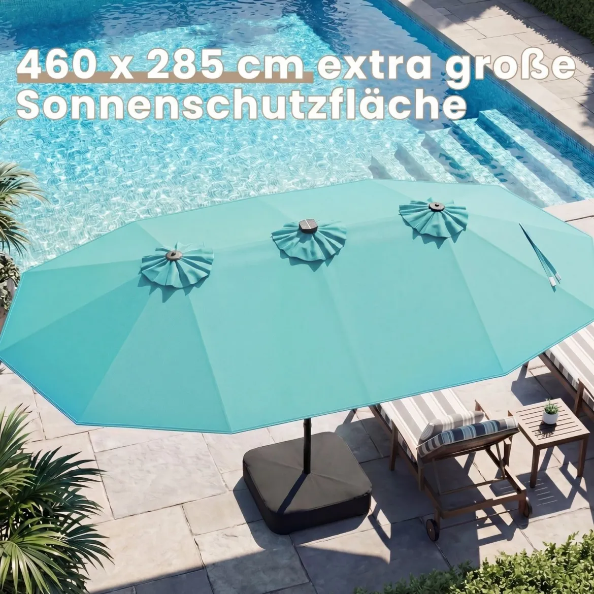 470 cm Großer Doppel-Terrassenschirm mit 48 Solar-LED-Lichtern & Basis Außenschirm