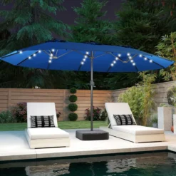 470 cm Großer Doppel-Terrassenschirm mit 48 Solar-LED-Lichtern & Basis Außenschirm