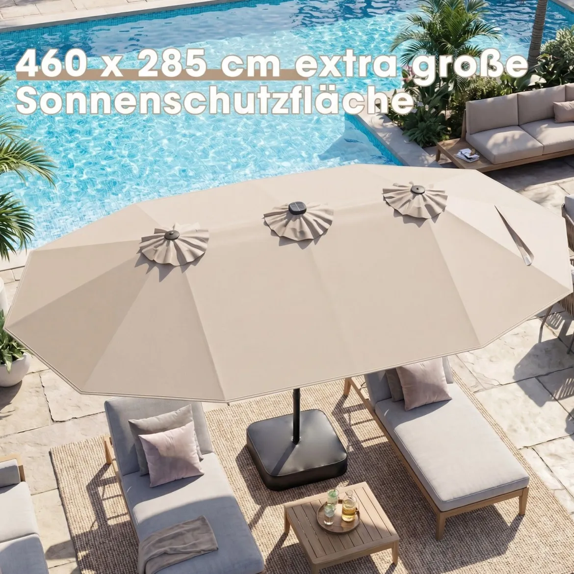 470 cm Großer Doppel-Terrassenschirm mit 48 Solar-LED-Lichtern & Basis Außenschirm