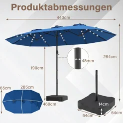 470 cm Großer Doppel-Terrassenschirm mit 48 Solar-LED-Lichtern & Basis Außenschirm
