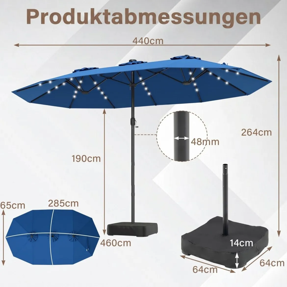 470 cm Großer Doppel-Terrassenschirm mit 48 Solar-LED-Lichtern & Basis Außenschirm