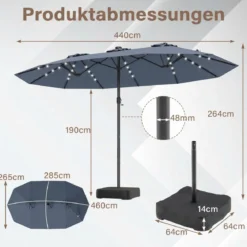 470 cm Großer Doppel-Terrassenschirm mit 48 Solar-LED-Lichtern & Basis Außenschirm