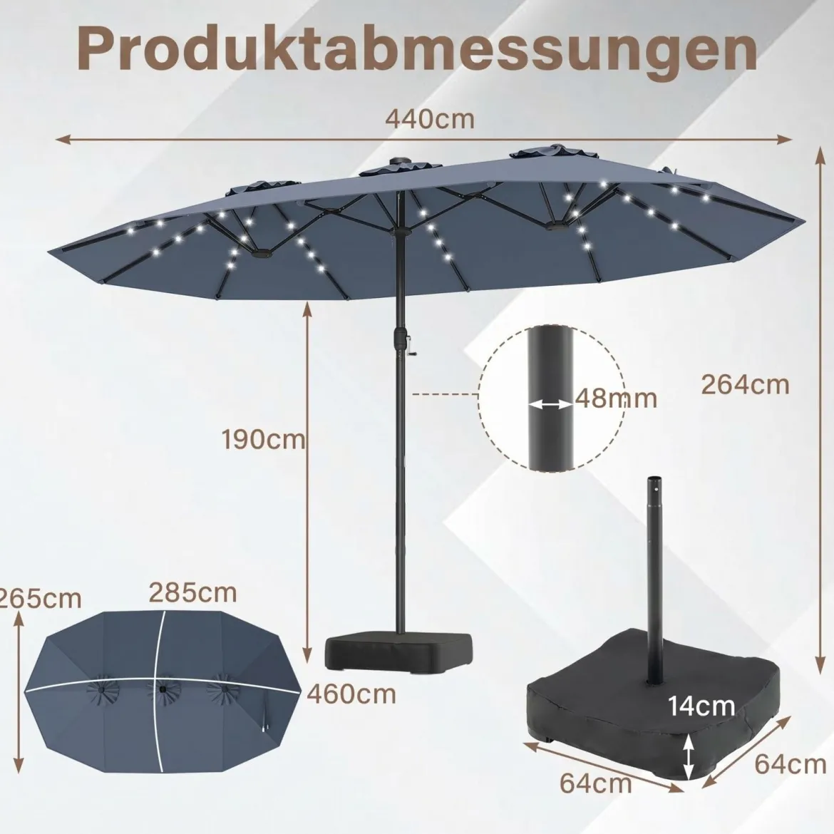 470 cm Großer Doppel-Terrassenschirm mit 48 Solar-LED-Lichtern & Basis Außenschirm