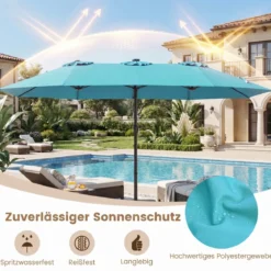 470 cm Großer Doppel-Terrassenschirm mit 48 Solar-LED-Lichtern & Basis Außenschirm