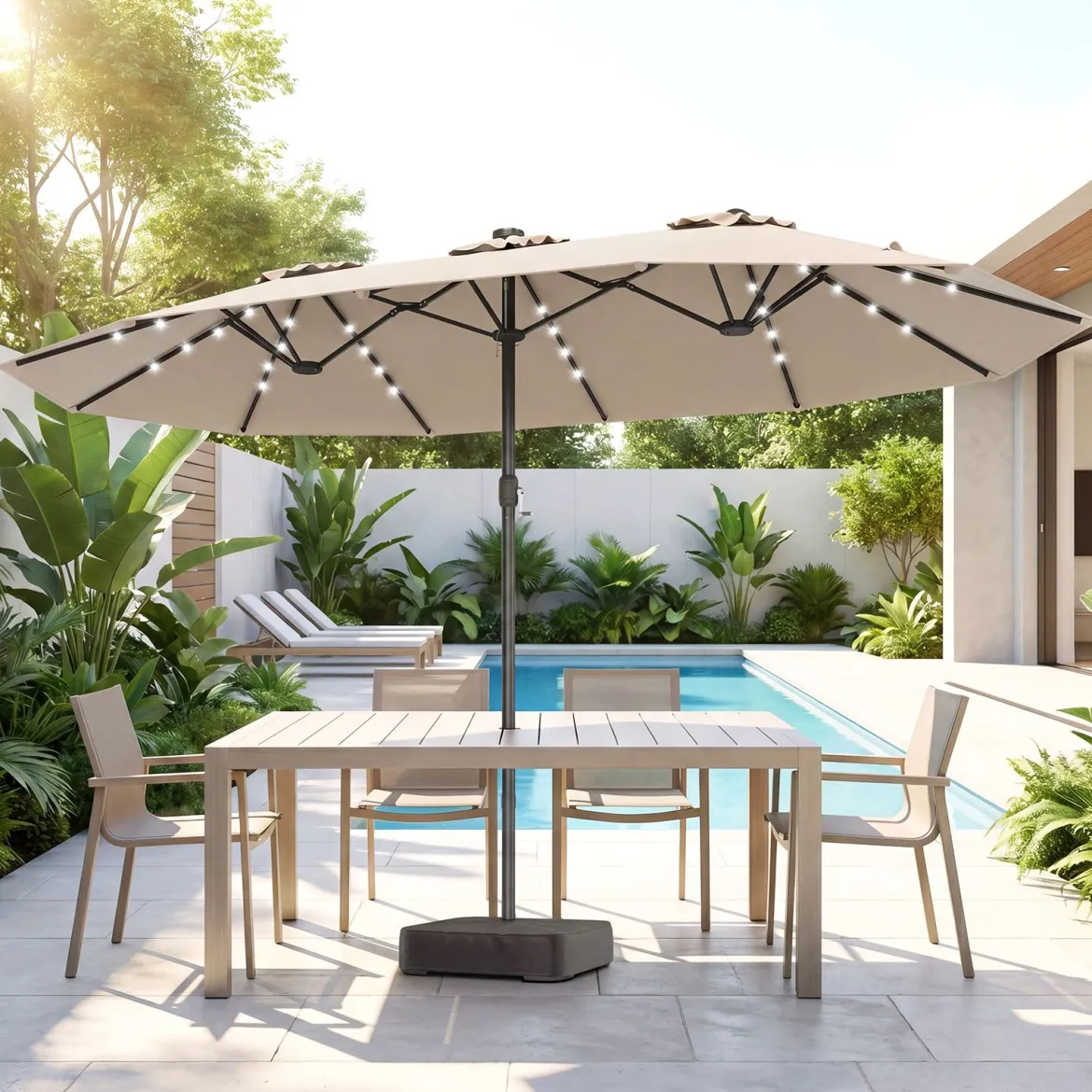 470 cm Großer Doppel-Terrassenschirm mit 48 Solar-LED-Lichtern & Basis Außenschirm