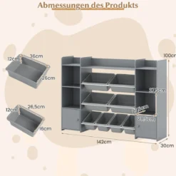 142 cm großer Spielzeugschrank 4-stufiges Kinderregal mit 8 herausnehmbaren Behältern & Bücherregal Grau