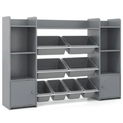 142 cm großer Spielzeugschrank 4-stufiges Kinderregal mit 8 herausnehmbaren Behältern & Bücherregal Grau