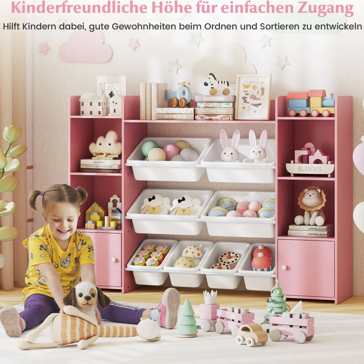 142 cm großer Spielzeugschrank 4-stufiges Kinderregal mit 8 herausnehmbaren Behältern & Bücherregal Rosa
