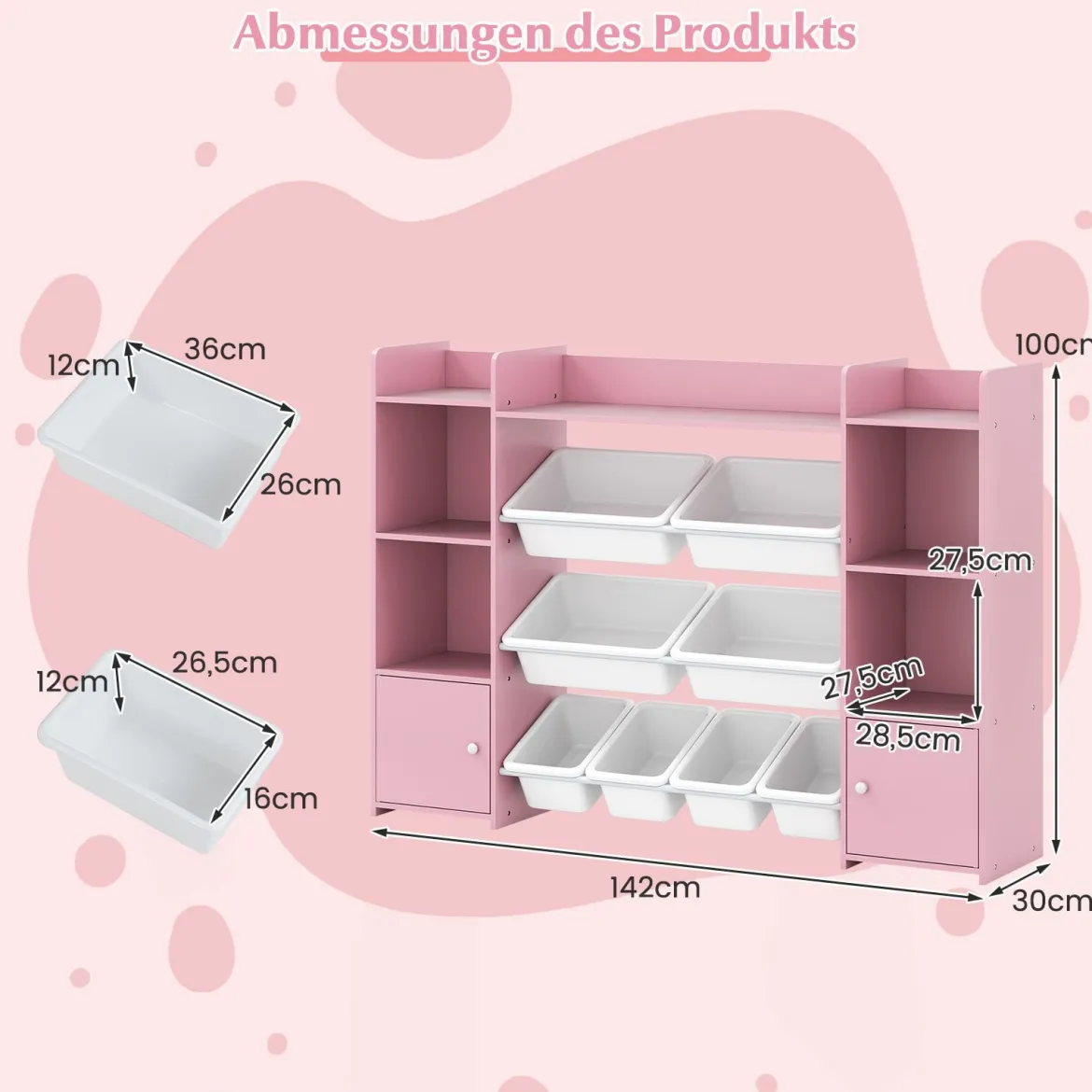 142 cm großer Spielzeugschrank 4-stufiges Kinderregal mit 8 herausnehmbaren Behältern & Bücherregal Rosa