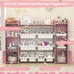 142 cm großer Spielzeugschrank 4-stufiges Kinderregal mit 8 herausnehmbaren Behältern & Bücherregal Rosa