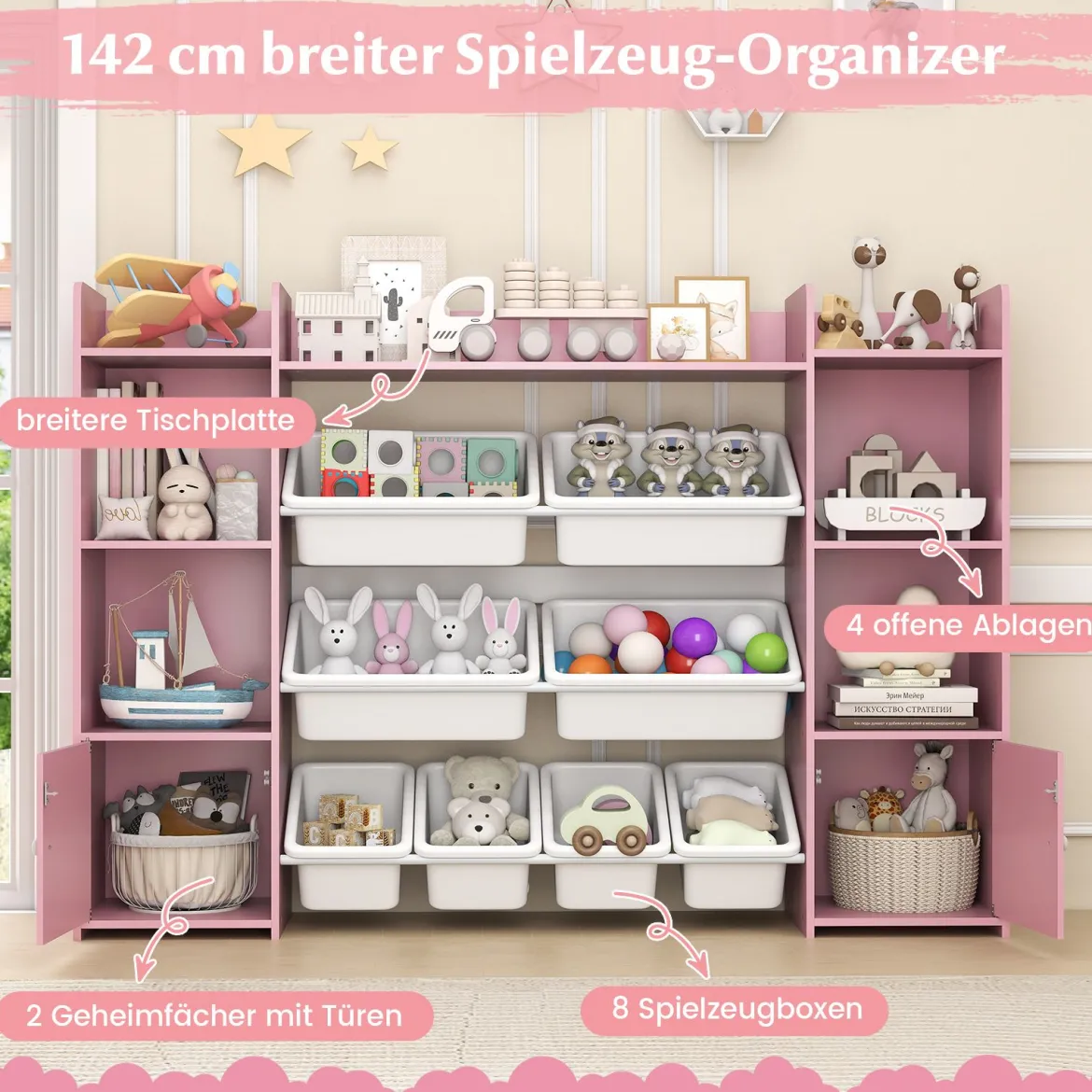 142 cm großer Spielzeugschrank 4-stufiges Kinderregal mit 8 herausnehmbaren Behältern & Bücherregal Rosa
