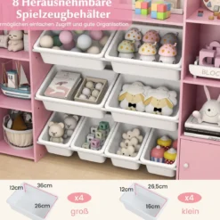 142 cm großer Spielzeugschrank 4-stufiges Kinderregal mit 8 herausnehmbaren Behältern & Bücherregal Rosa