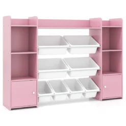142 cm großer Spielzeugschrank 4-stufiges Kinderregal mit 8 herausnehmbaren Behältern & Bücherregal Rosa