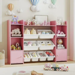 142 cm großer Spielzeugschrank 4-stufiges Kinderregal mit 8 herausnehmbaren Behältern & Bücherregal Rosa