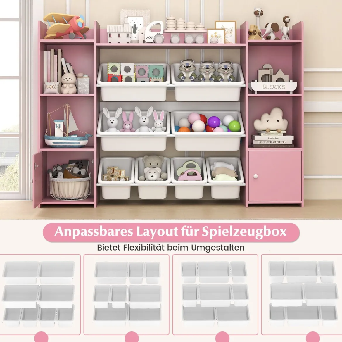142 cm großer Spielzeugschrank 4-stufiges Kinderregal mit 8 herausnehmbaren Behältern & Bücherregal Rosa