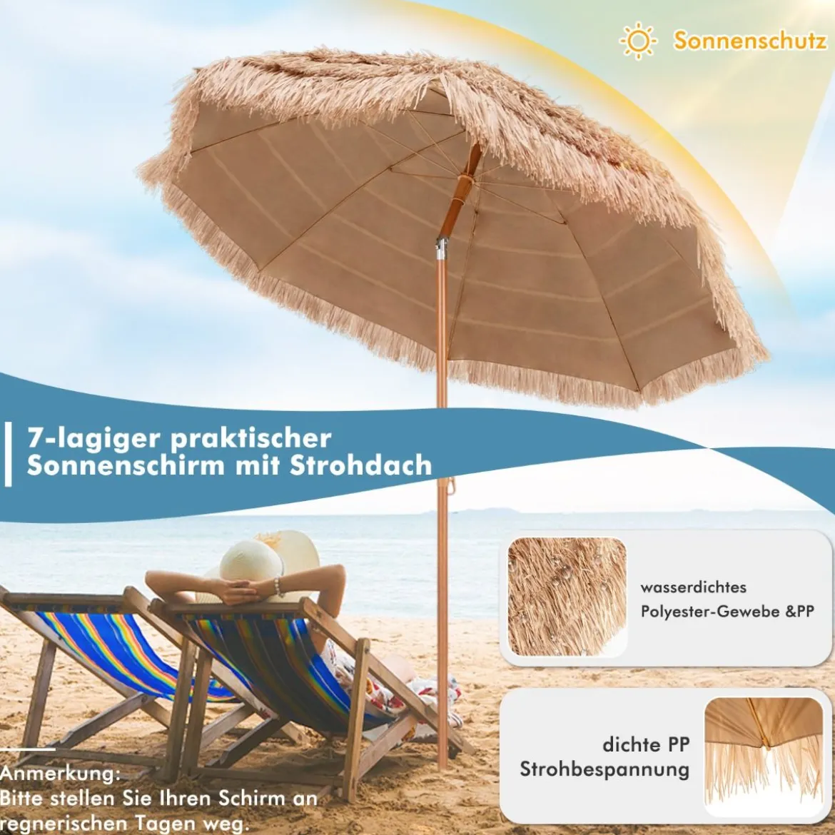 220 cm großer Terrassenschirm mit 8 Schirmrippen im Hawaiianischen Stil
