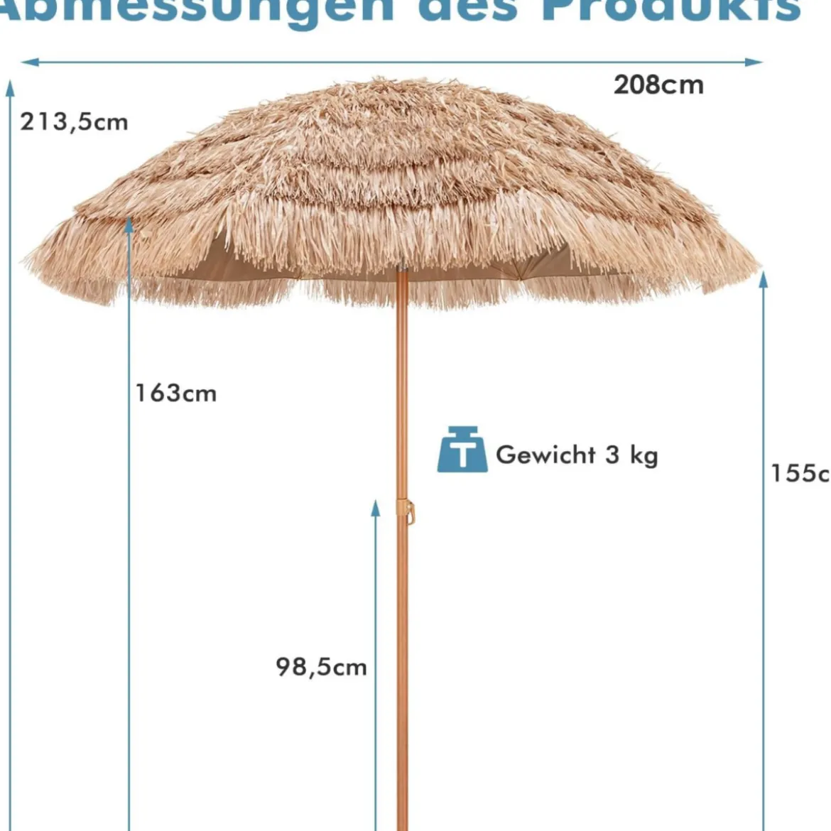 220 cm großer Terrassenschirm mit 8 Schirmrippen im Hawaiianischen Stil