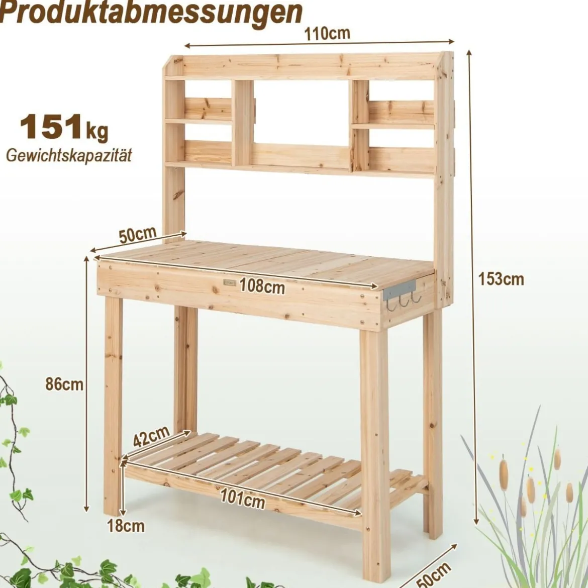 153cm Große Werkbank Gärtnertisch Pflanztisch aus Holz für Terrasse Garten Gewächshaus 150kg Belastbarkeit