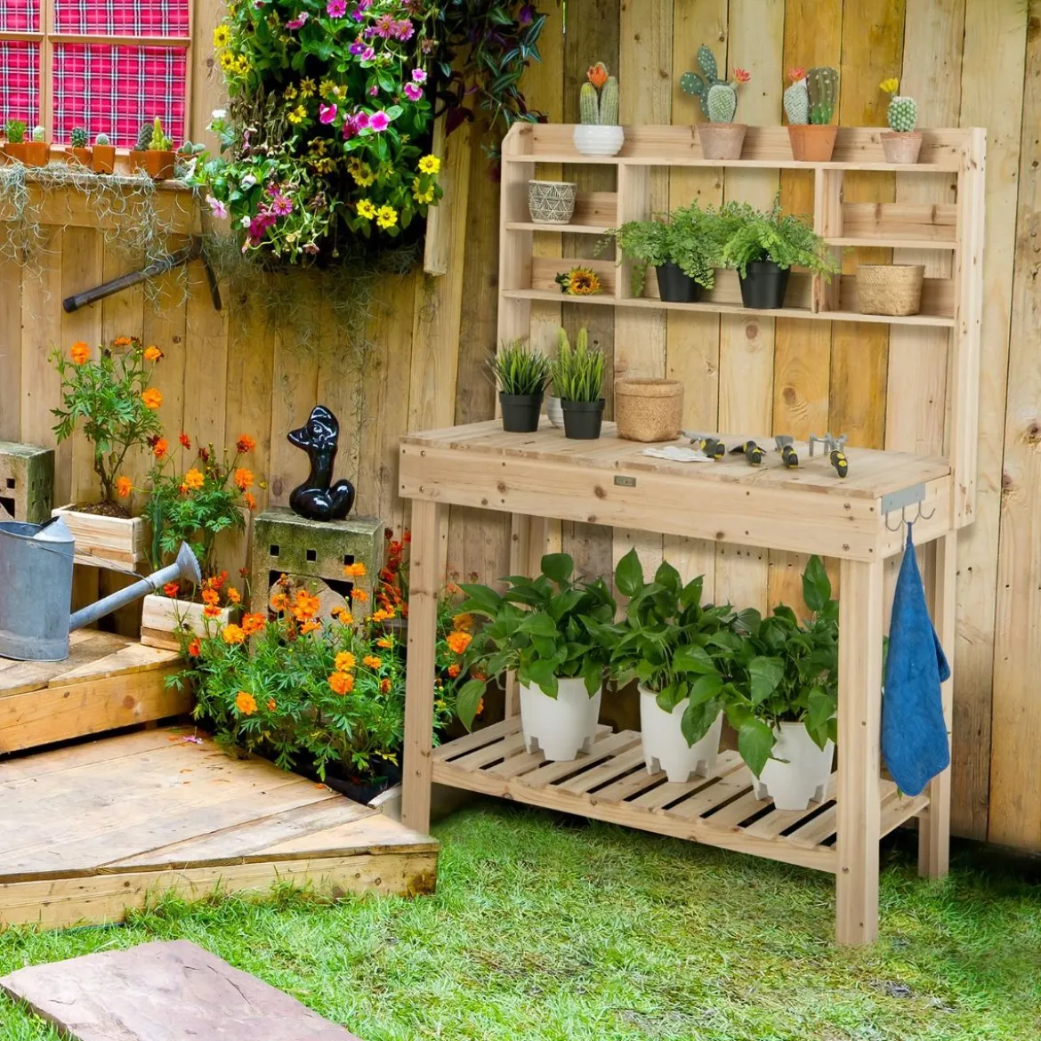153cm Große Werkbank Gärtnertisch Pflanztisch aus Holz für Terrasse Garten Gewächshaus 150kg Belastbarkeit