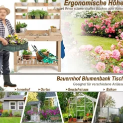 153cm Große Werkbank Gärtnertisch Pflanztisch aus Holz für Terrasse Garten Gewächshaus 150kg Belastbarkeit