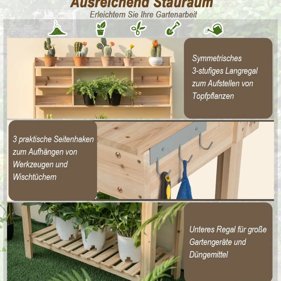 153cm Große Werkbank Gärtnertisch Pflanztisch aus Holz für Terrasse Garten Gewächshaus 150kg Belastbarkeit
