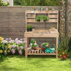 153cm Große Werkbank Gärtnertisch Pflanztisch aus Holz für Terrasse Garten Gewächshaus 150kg Belastbarkeit