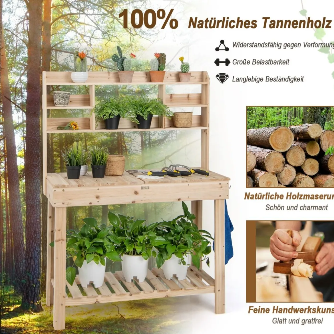 153cm Große Werkbank Gärtnertisch Pflanztisch aus Holz für Terrasse Garten Gewächshaus 150kg Belastbarkeit