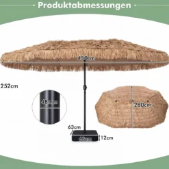 450 cm Hawaii Sonnenschirm mit LED & Schirmständer Strohschirm mit Kurbel Sonnenschutz & 12 Metallstreben
