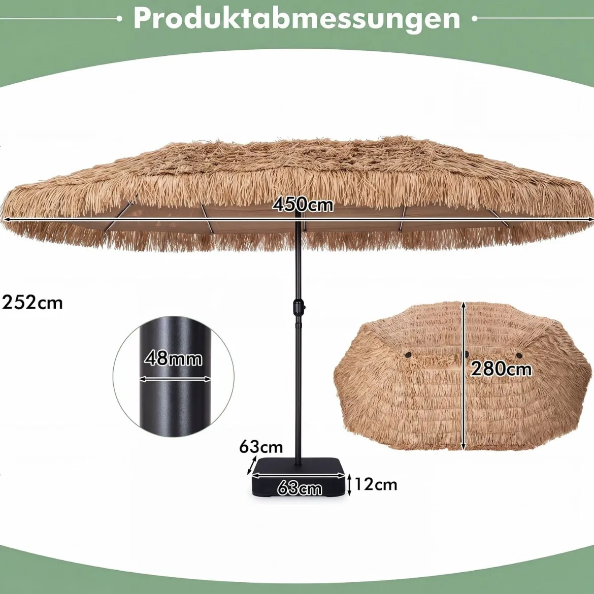 450 cm Hawaii Sonnenschirm mit LED & Schirmständer Strohschirm mit Kurbel Sonnenschutz & 12 Metallstreben