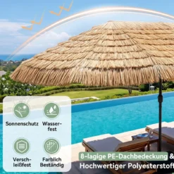450 cm Hawaii Sonnenschirm mit LED & Schirmständer Strohschirm mit Kurbel Sonnenschutz & 12 Metallstreben
