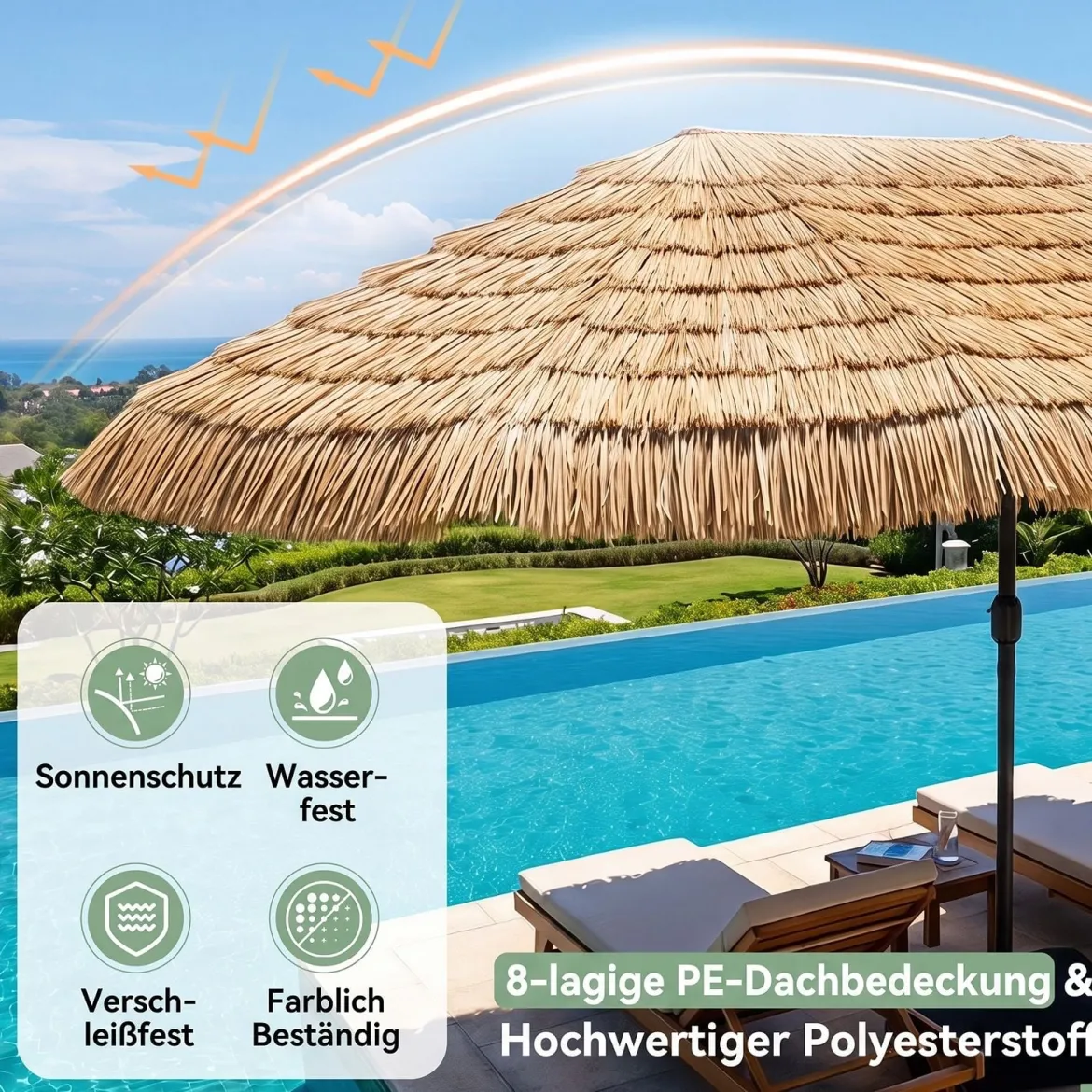 450 cm Hawaii Sonnenschirm mit LED & Schirmständer Strohschirm mit Kurbel Sonnenschutz & 12 Metallstreben