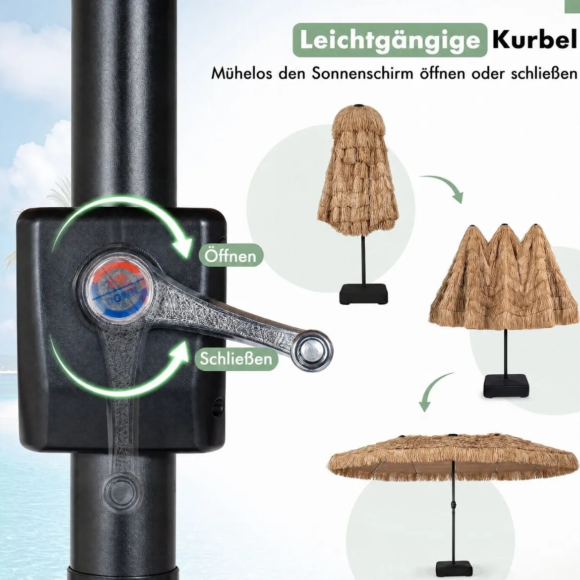 450 cm Hawaii Sonnenschirm mit LED & Schirmständer Strohschirm mit Kurbel Sonnenschutz & 12 Metallstreben