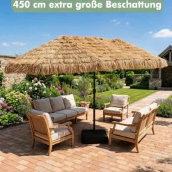 450 cm Hawaii Sonnenschirm mit LED & Schirmständer Strohschirm mit Kurbel Sonnenschutz & 12 Metallstreben