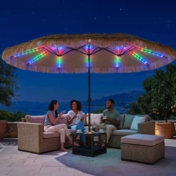 450 cm Hawaii Sonnenschirm mit LED & Schirmständer Strohschirm mit Kurbel Sonnenschutz & 12 Metallstreben