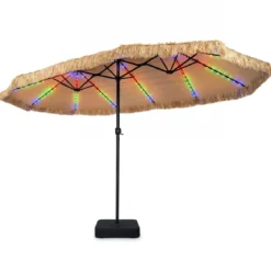 450 cm Hawaii Sonnenschirm mit LED & Schirmständer Strohschirm mit Kurbel Sonnenschutz & 12 Metallstreben