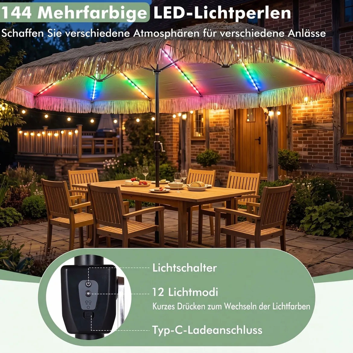 450 cm Hawaii Sonnenschirm mit LED & Schirmständer Strohschirm mit Kurbel Sonnenschutz & 12 Metallstreben