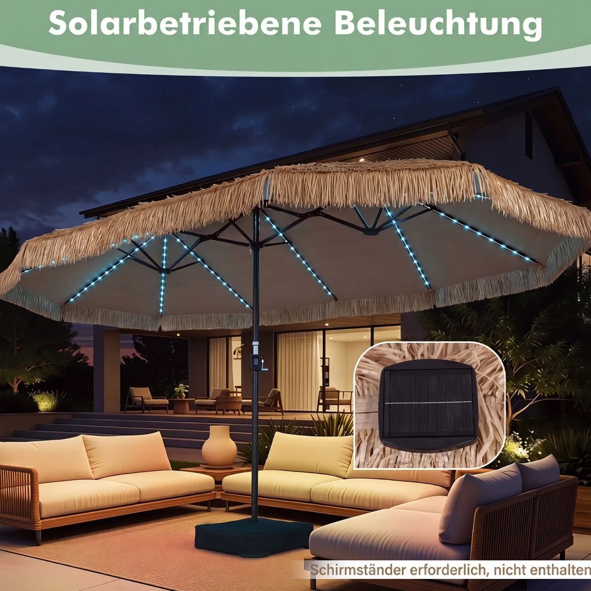 450 cm Hawaii Sonnenschirm mit LED & Schirmständer Strohschirm mit Kurbel Sonnenschutz & 12 Metallstreben