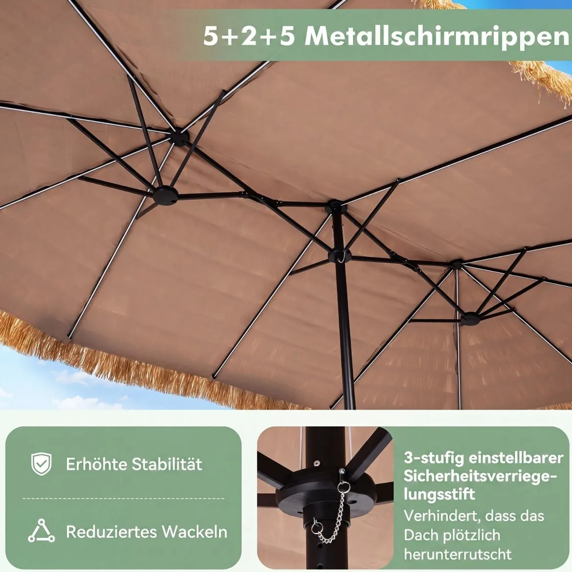 450 cm Hawaii Sonnenschirm mit LED & Schirmständer Strohschirm mit Kurbel Sonnenschutz & 12 Metallstreben