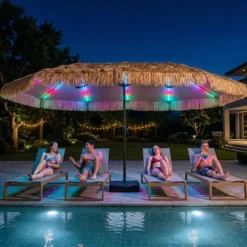 450 cm Hawaii Sonnenschirm mit LED & Schirmständer Strohschirm mit Kurbel Sonnenschutz & 12 Metallstreben