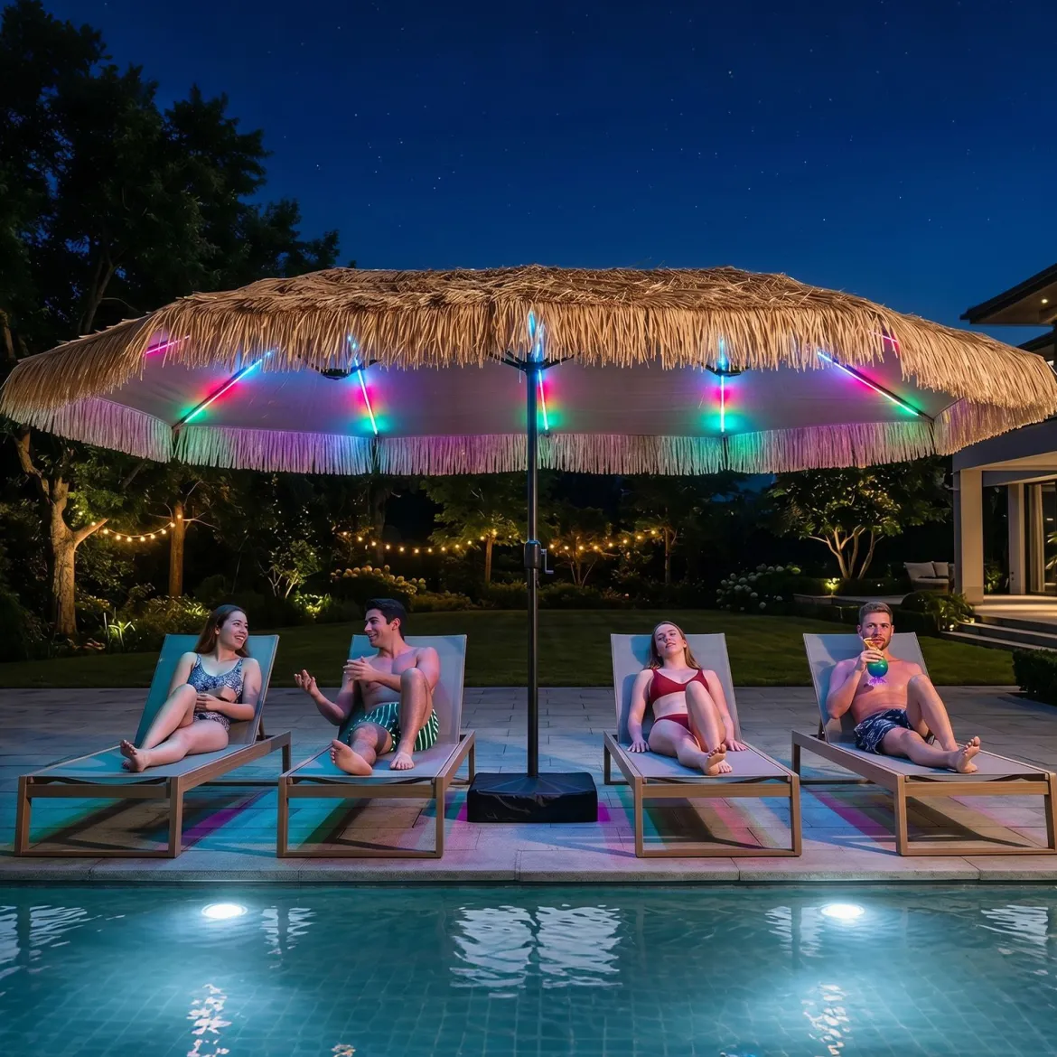 450 cm Hawaii Sonnenschirm mit LED & Schirmständer Strohschirm mit Kurbel Sonnenschutz & 12 Metallstreben