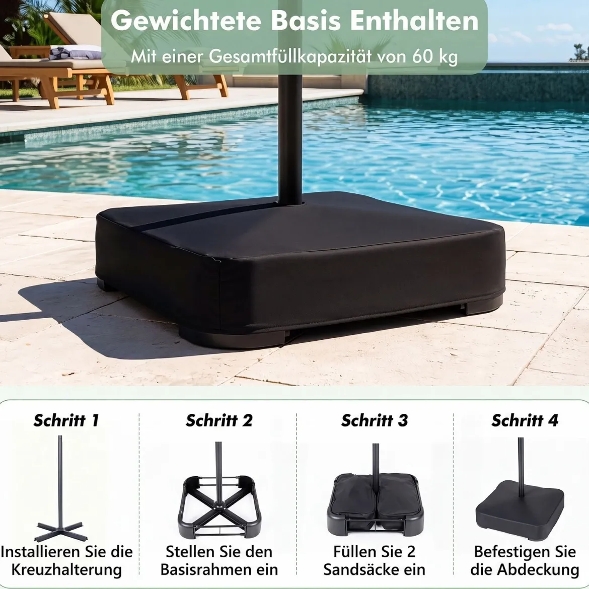 450 cm Hawaii Sonnenschirm mit LED & Schirmständer Strohschirm mit Kurbel Sonnenschutz & 12 Metallstreben