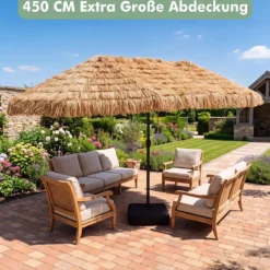 450 cm Hawaii Sonnenschirm mit LED & Schirmständer Strohschirm mit Kurbel Sonnenschutz & 12 Metallstreben