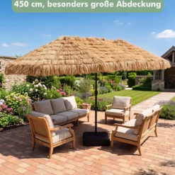 450 cm Hawaii Sonnenschirm mit Schirmständer Strohschirm mit Kurbel & 12 Metallstreben