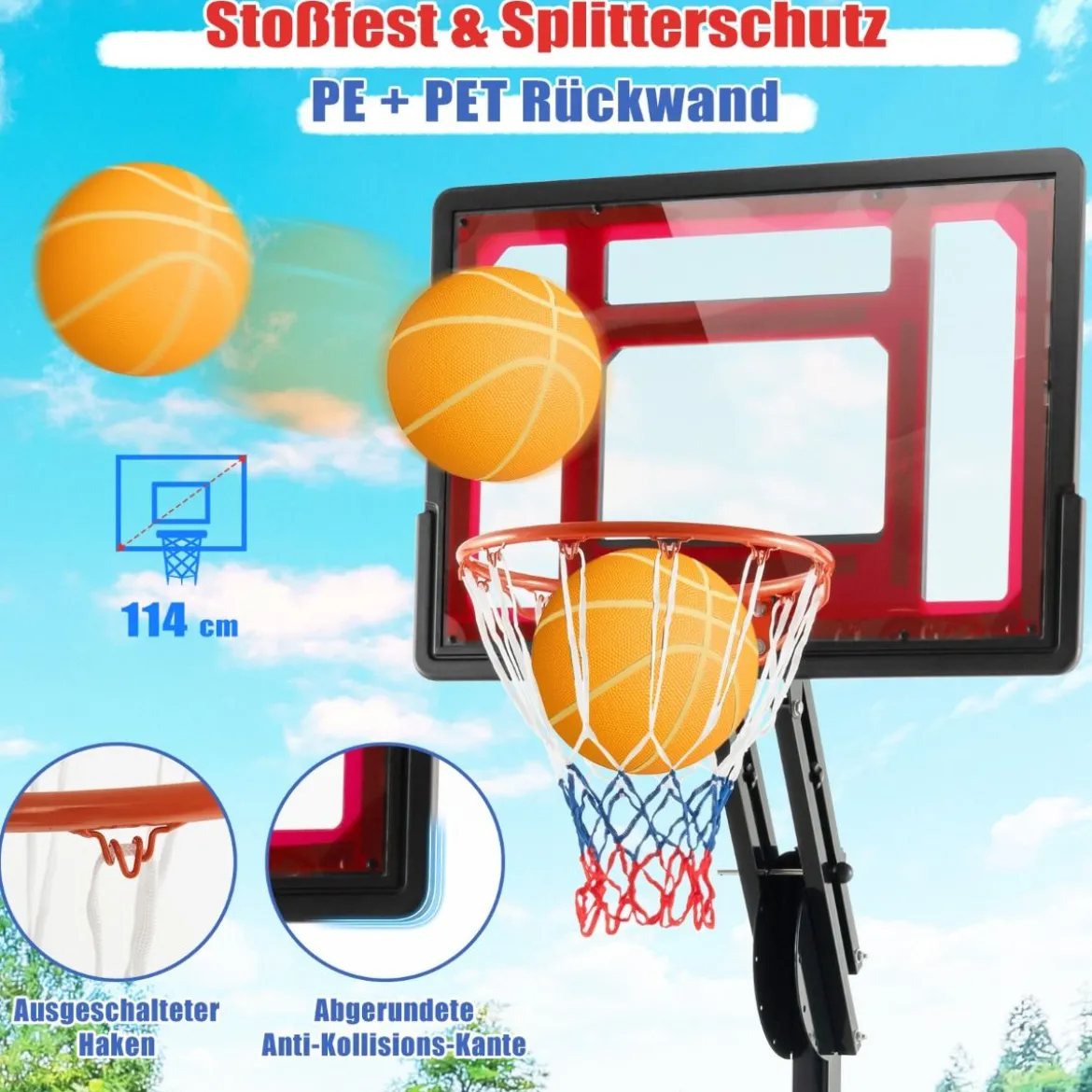 105-260 cm Höhenverstellbarer Basketballständer mit Ständer & 2 Rädern Basketballkorb
