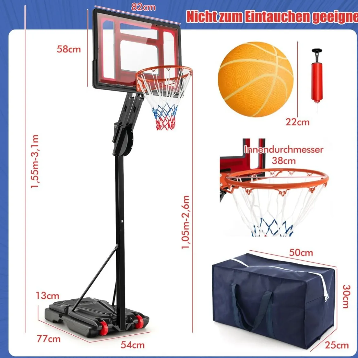 105-260 cm Höhenverstellbarer Basketballständer mit Ständer & 2 Rädern Basketballkorb