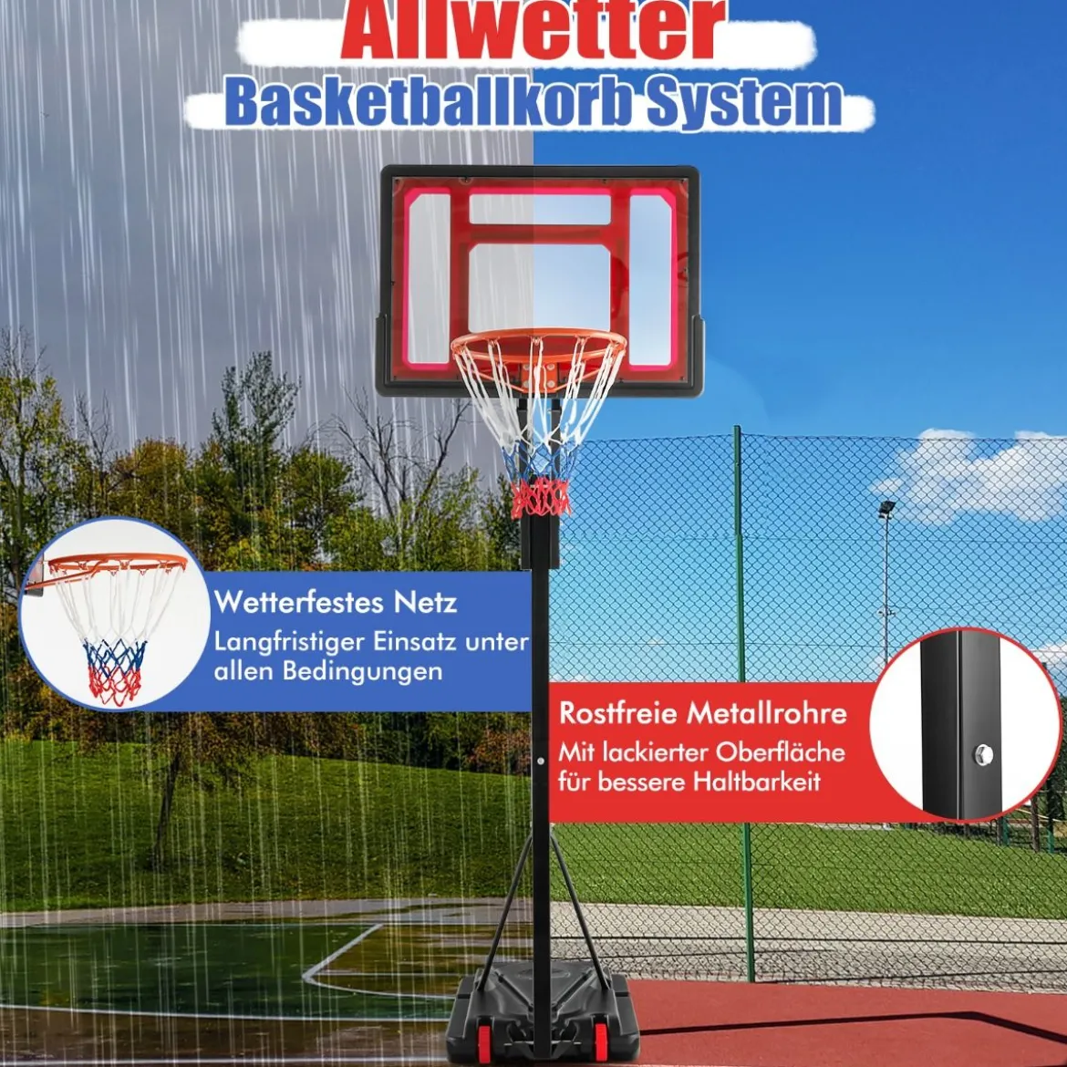 105-260 cm Höhenverstellbarer Basketballständer mit Ständer & 2 Rädern Basketballkorb