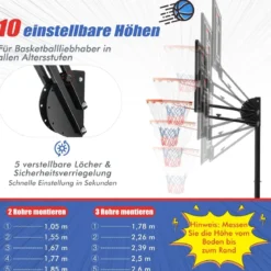 105-260 cm Höhenverstellbarer Basketballständer mit Ständer & 2 Rädern Basketballkorb