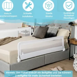 100cm Höhenverstellbares Bettschutzgitter mit Befestigungsgurt geeignet für Doppelmatratzen Weiß